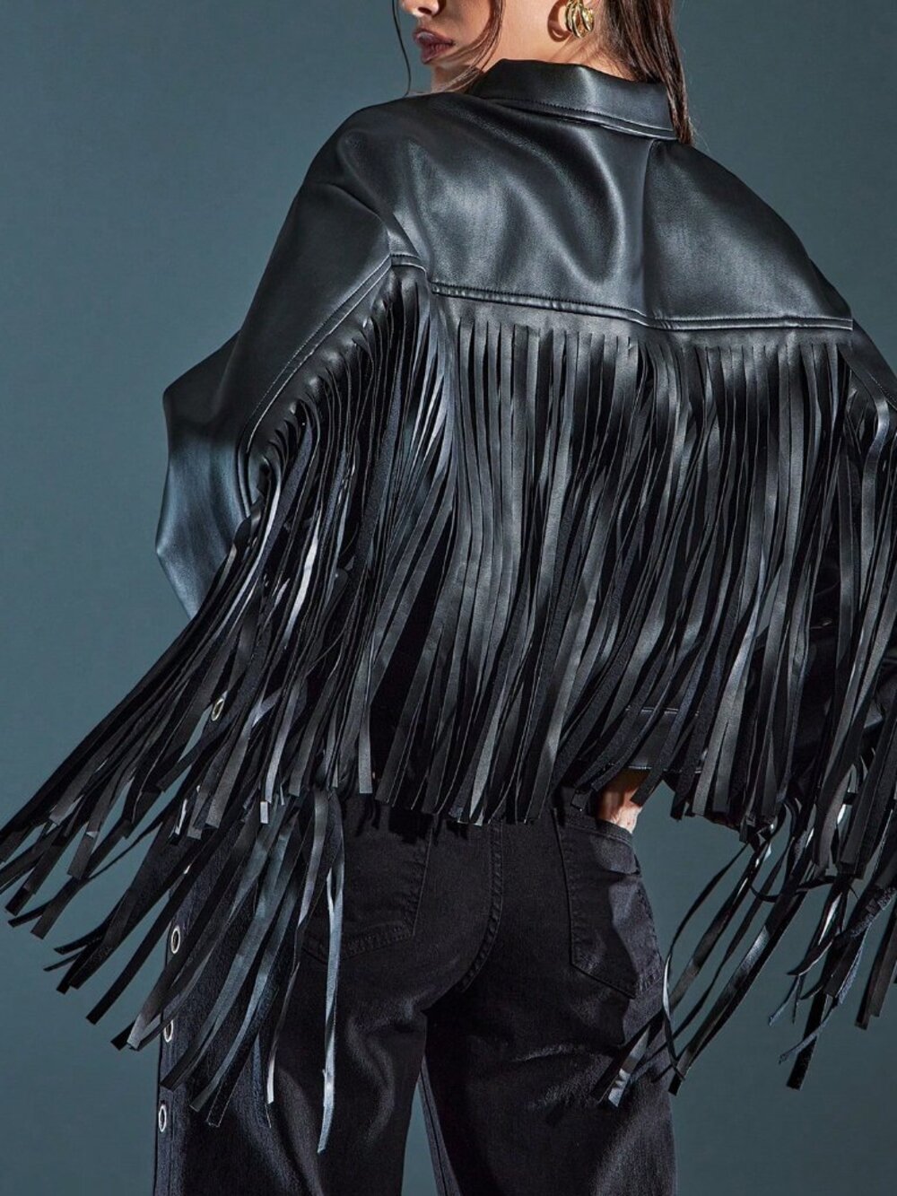 Black Casual Women's Faux Leather Fringe Detail Jacket - Picture 1 of 6